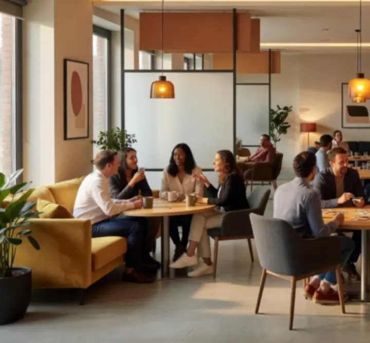 Interior Danubero cu zone de lounge, lumină ambientală și oameni care socializează