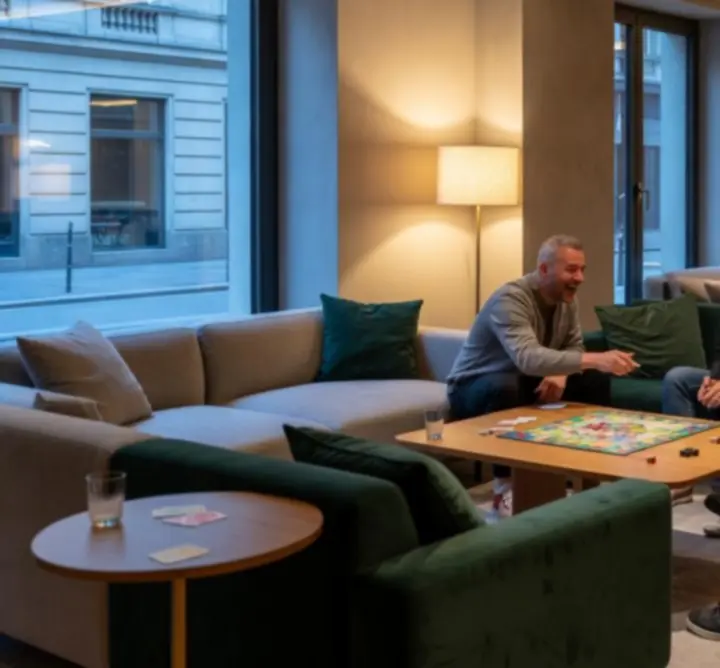 Spațiu modern Danubero cu mese de joc, lumină ambientală și zonă de socializare