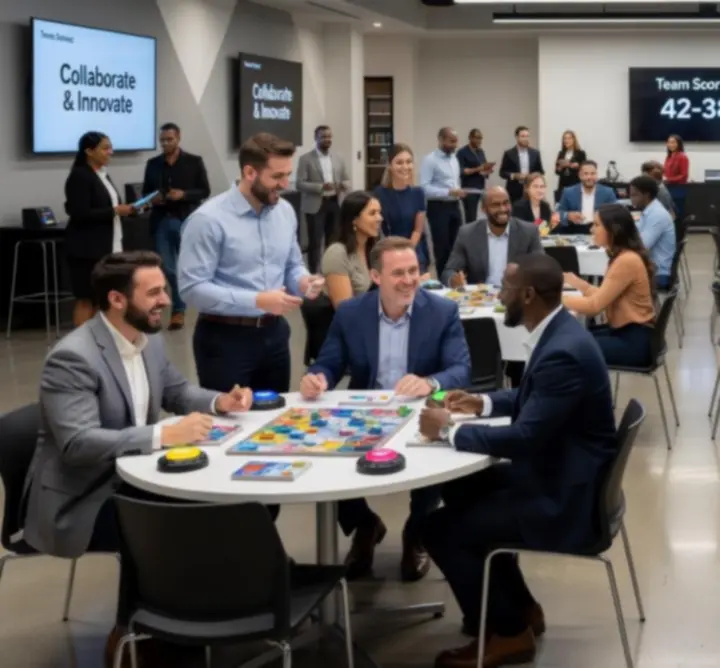 Echipă corporate participând la un team-building interactiv
