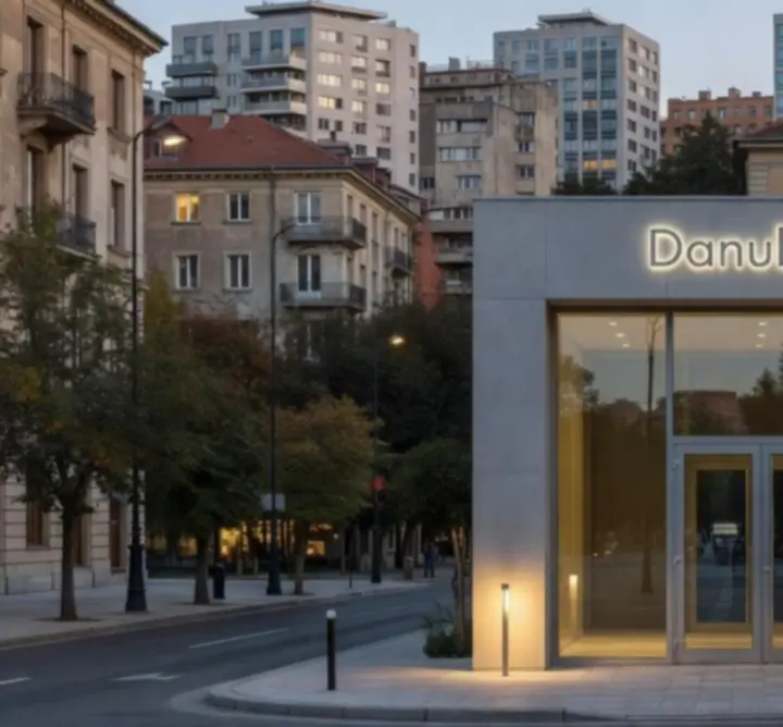 Intrarea modernă a locației Danubero, iluminată pentru evenimente de seară