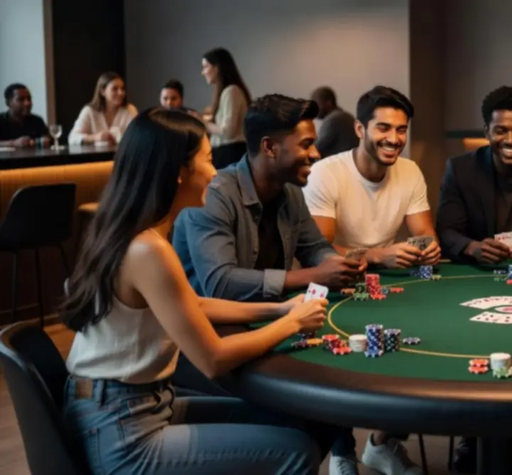 Masa de poker la Danubero cu participanți care socializează într-un spațiu modern