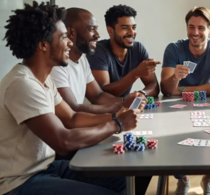 Participanți la o masă de poker live într-un spațiu modern, zâmbind și socializând