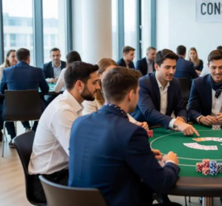 Grup de colegi jucând poker într-un cadru modern de team-building la Danubero